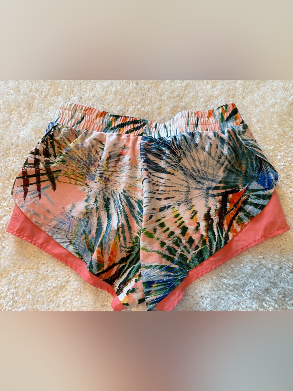 Pink Tropical Print Athletic Shorts with Elastic Waist